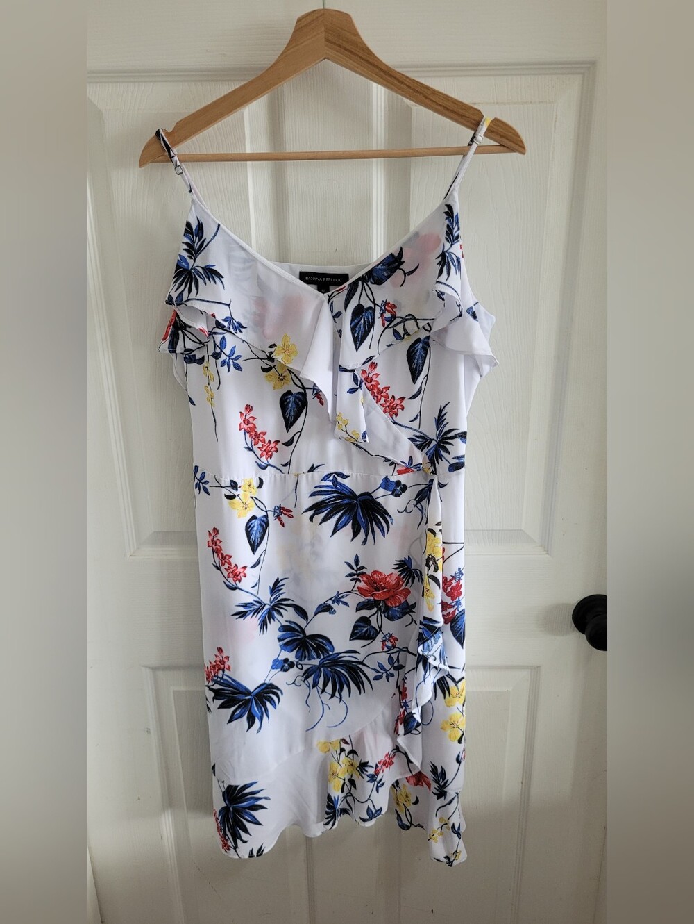 Banana Republic Floral Ruffle Slip Dress - White with Blue & Yellow Print
